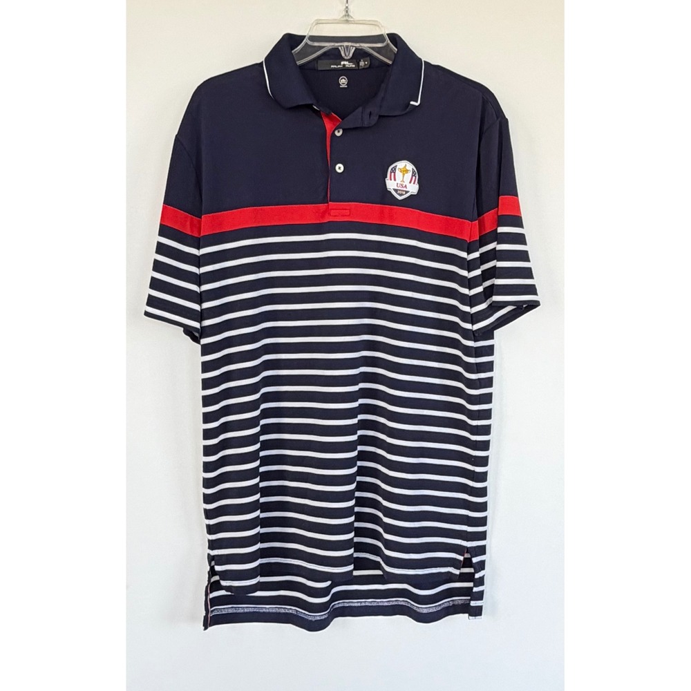 RL Ralph Lauren Ryder Cup 2018 USA Team Polo Shirt Mens Medium Navy Blue Striped